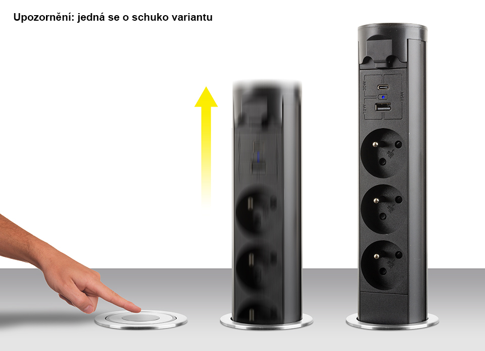StrongPower elektricky výsuvná zásuvka 3x 230V Schuko, USB A+C, černá