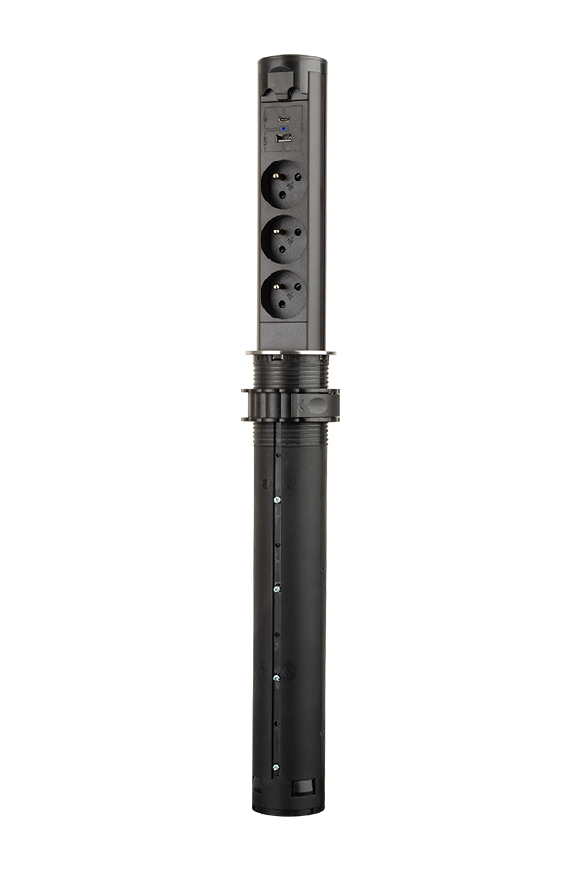 StrongPower elektricky výsuvná zásuvka 3x 230V Francouzská, USB A+C, černá