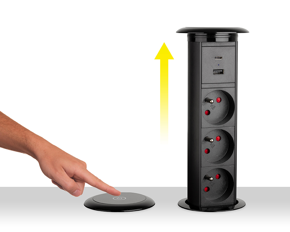 StrongPower elektricky výsuvná zásuvka 3x 230V FR, USB A+C, bezdrát. nab černá
