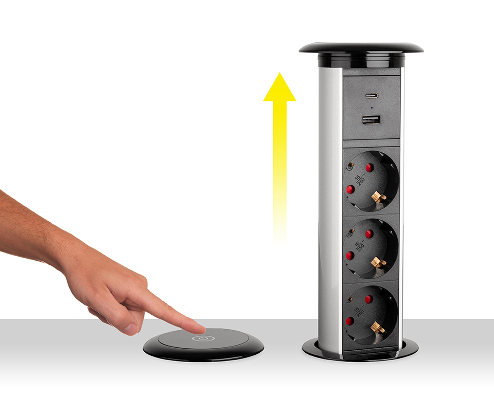 StrongPower elektricky výsuvná zásuvka 3x 230V SCH USB A+C bezdrát. nab stříbrná