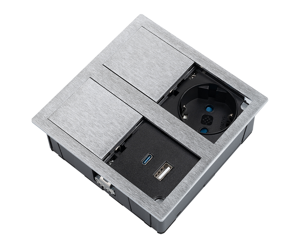 VersaHit Dual elektrická zásuvka 1x 230V Schuko, USB A/C 5V broušený hliník
